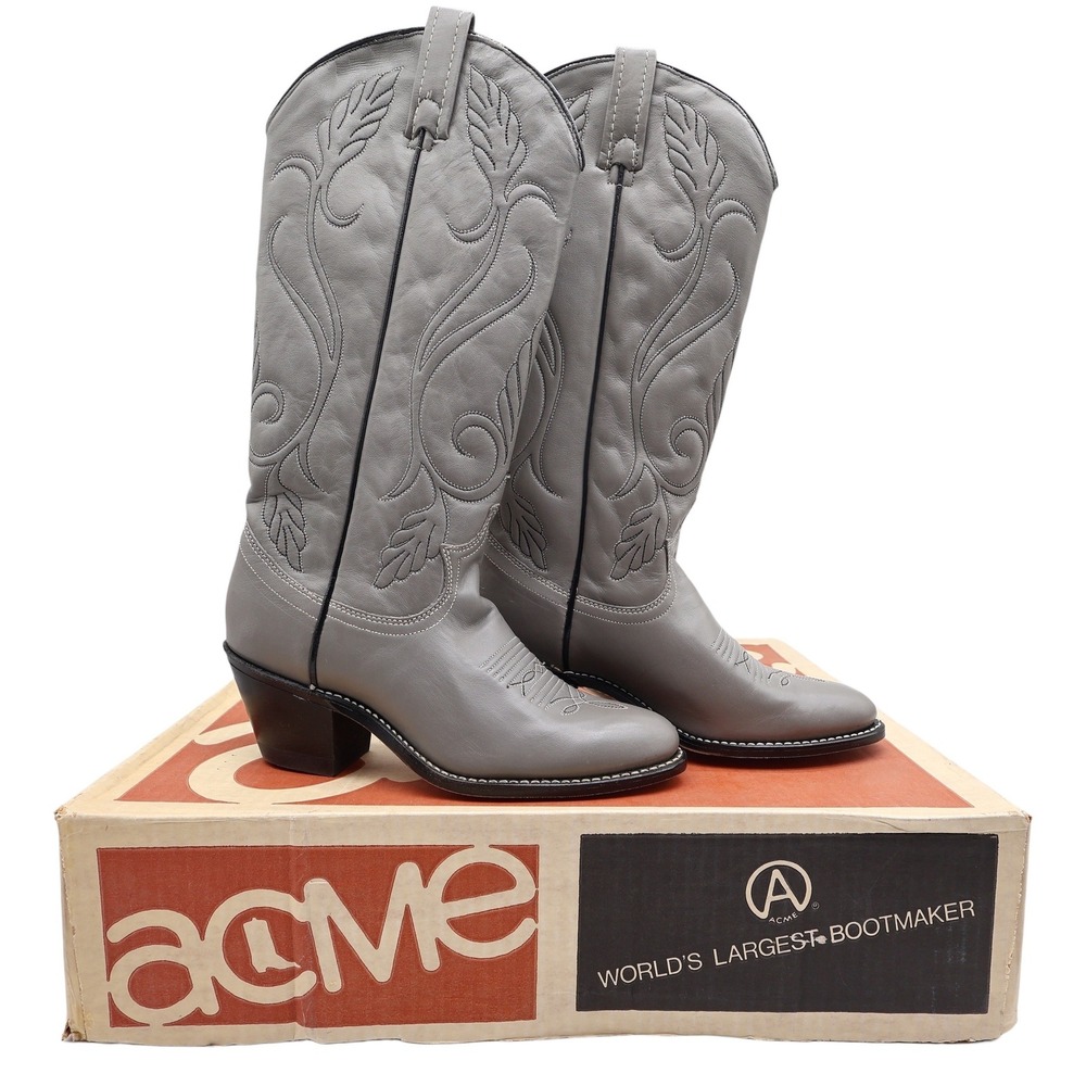 Acme Vintage 80s Cowboy Boots Womens 6 Grey Nappa Leather New Box 692